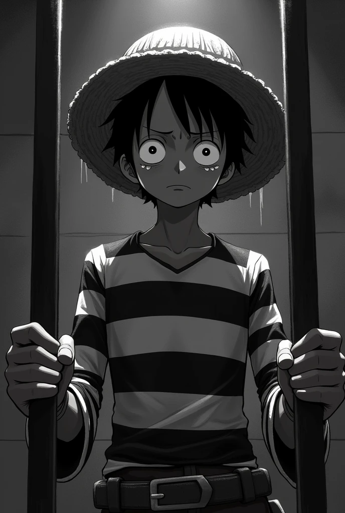 Monkey D. Luffy in a black and white striped long sleeve prison uniform with teary eyes inside a jail and handcuffed