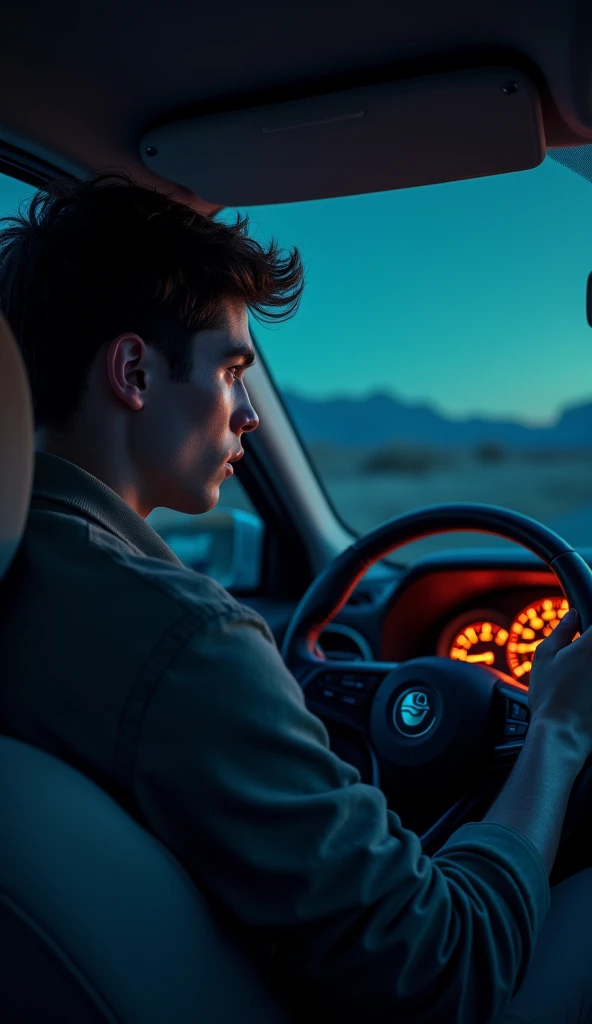 Young man holding the steering wheel and seeing the fuel gauge in the middle of the night In a deserted place holding his phone