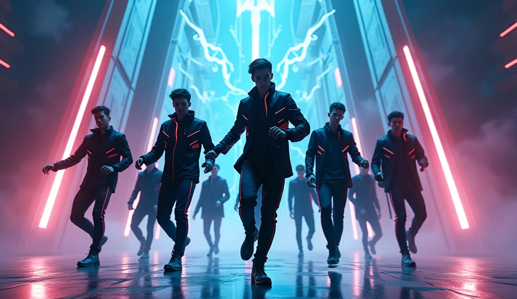 (ultra detailed), cyber punk、thunder、All the members of the male dance group gathered together、An energetic dance performance on a futuristic set。