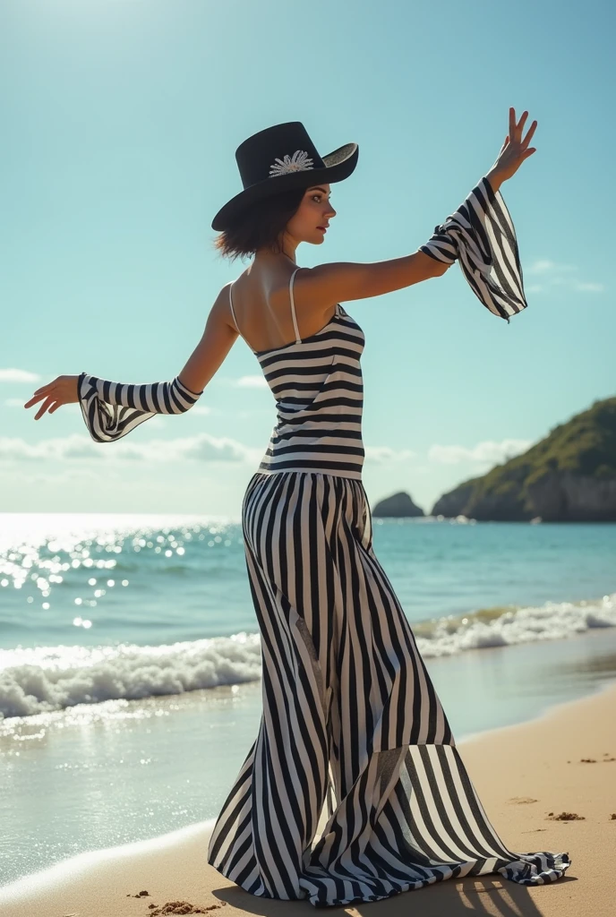 A very attractive female mime. On the beach doing mime things. Must look like a mime with the black and white stripes. Very little clothing 