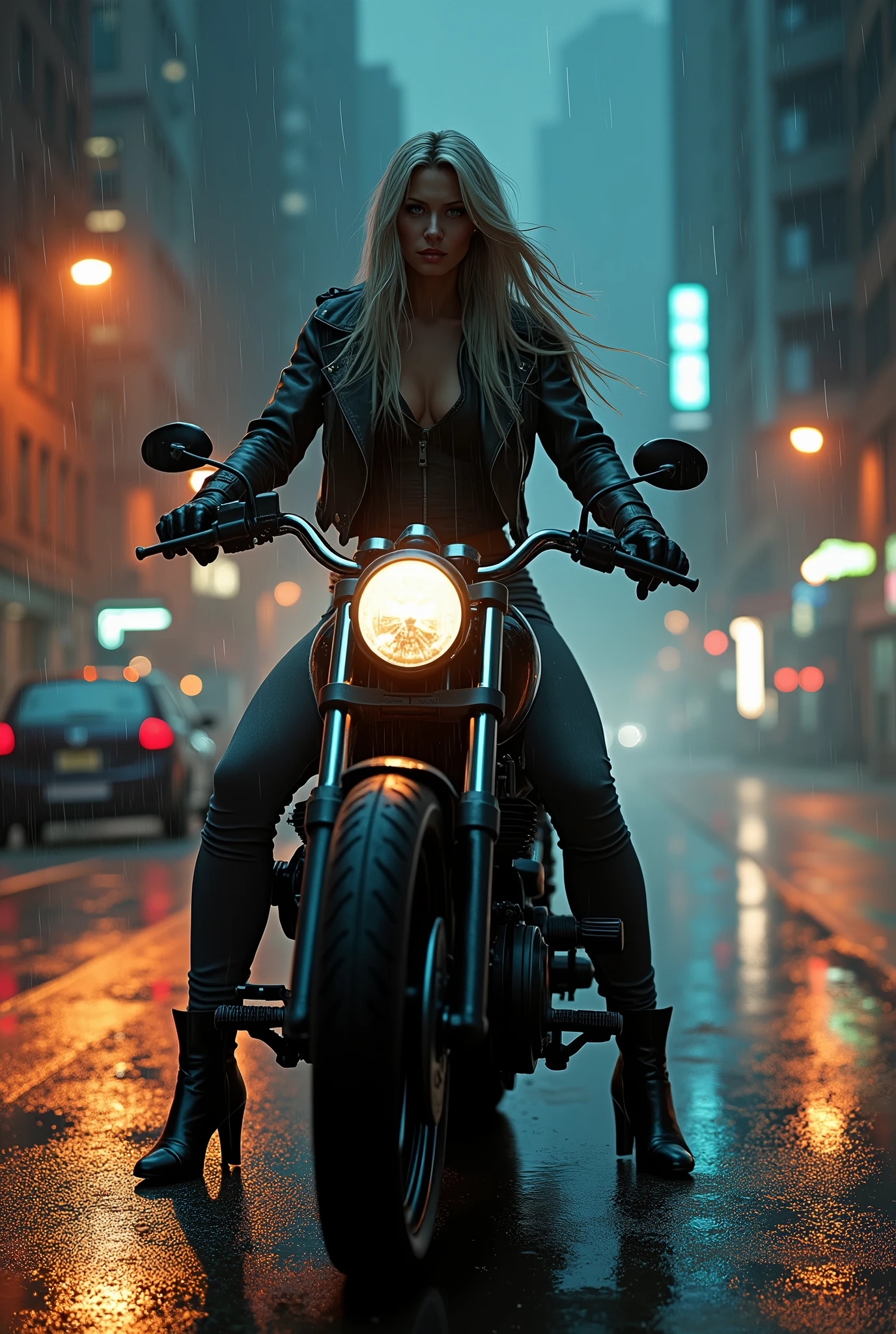 Hard Locker、Heavy Metal、The most beautiful bad girl、dangerous、A tall, beautiful girl with long legs、Riding a big bike、Coming running、Pouring rain、Puddle、Leather jacket、Dark grey tight denim、Hard Leather Boots、Silver Hair、Red Hair、sunglasses、Armament、Dispute、Big city streets at night、Illuminated by street lights、
