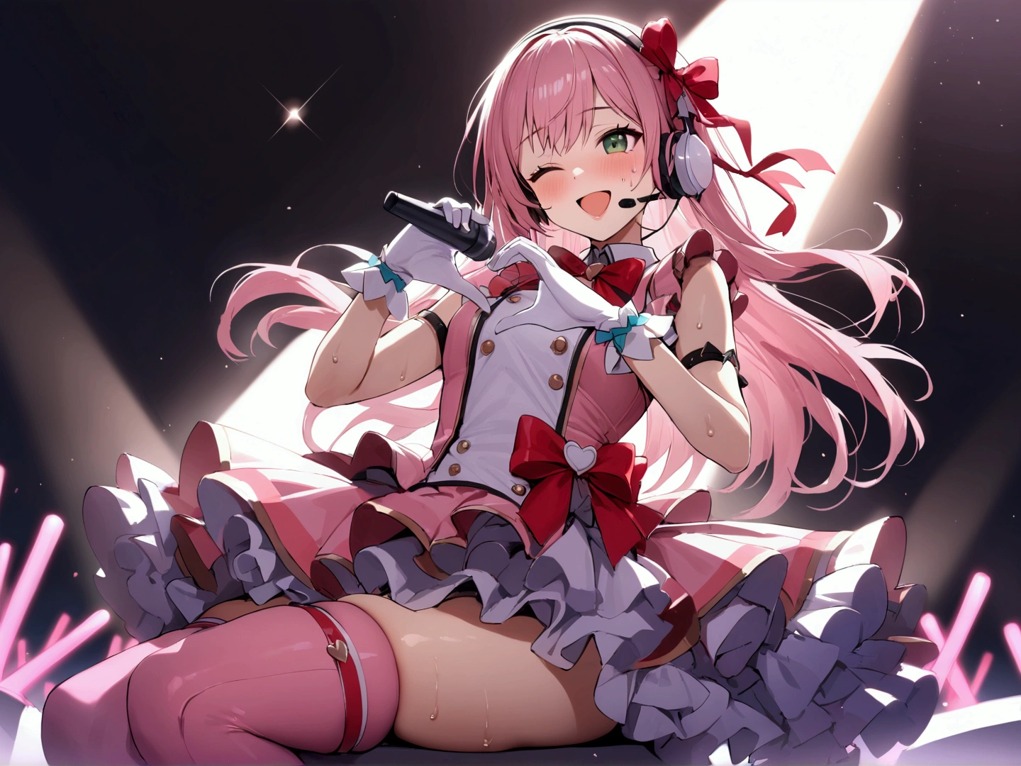 masterpiece, best quality, very aesthetic, absurdres, 1girl, solo, pink hair, long hair, hair ribbon, ribbon, bangs, green eyes, one eye closed, smile, open mouth, faint lips, headset, idol, idol clothes, red bow, pink dress, frilled dress, frills, gloves, white gloves, thighs, skindentation, pink thighhighs, white boots, sweat, music, singing, heart hands, on stage, stage light, spotlight, glowstick, penlight (glowstick)