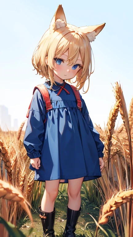 Blonde hair, blue eyes, Russian, animal ears, one-piece dress, whole body, wheat field