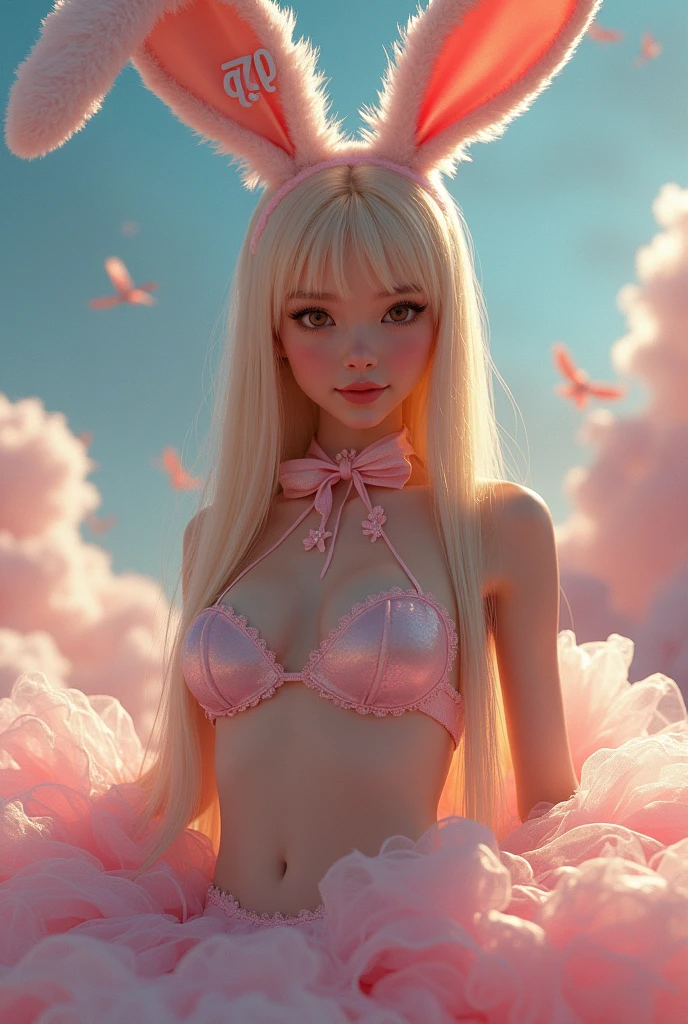Browsing Caution, masterpiece, Highest quality, Highly detailed CG Unity 8k wallpaper,topless, (Close-up of the upper body and head of a beautiful girl), , Elegant straight long blonde hair, (Mckenna Grace), (Flat Chest,thigh), (Pink White) golden (Shiny ballet skirt,Long rabbit ears headdress, bow tie, phi, (blush), Oily skin, (Cute Smile), (wonderland), Pretty face, Key Art, Award-winning, intricate detail realism hdr, pass (Nguyen Gia Hoa Artgerm and Renji Murata), Photorealism, surreal, Dramatic lighting, Strong Shadows, Beautiful views, Depth of written boundary