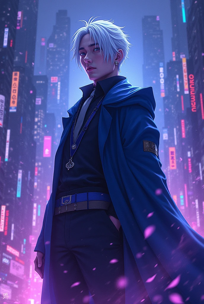 gojo satoru in the night with purple mix blue
background city light