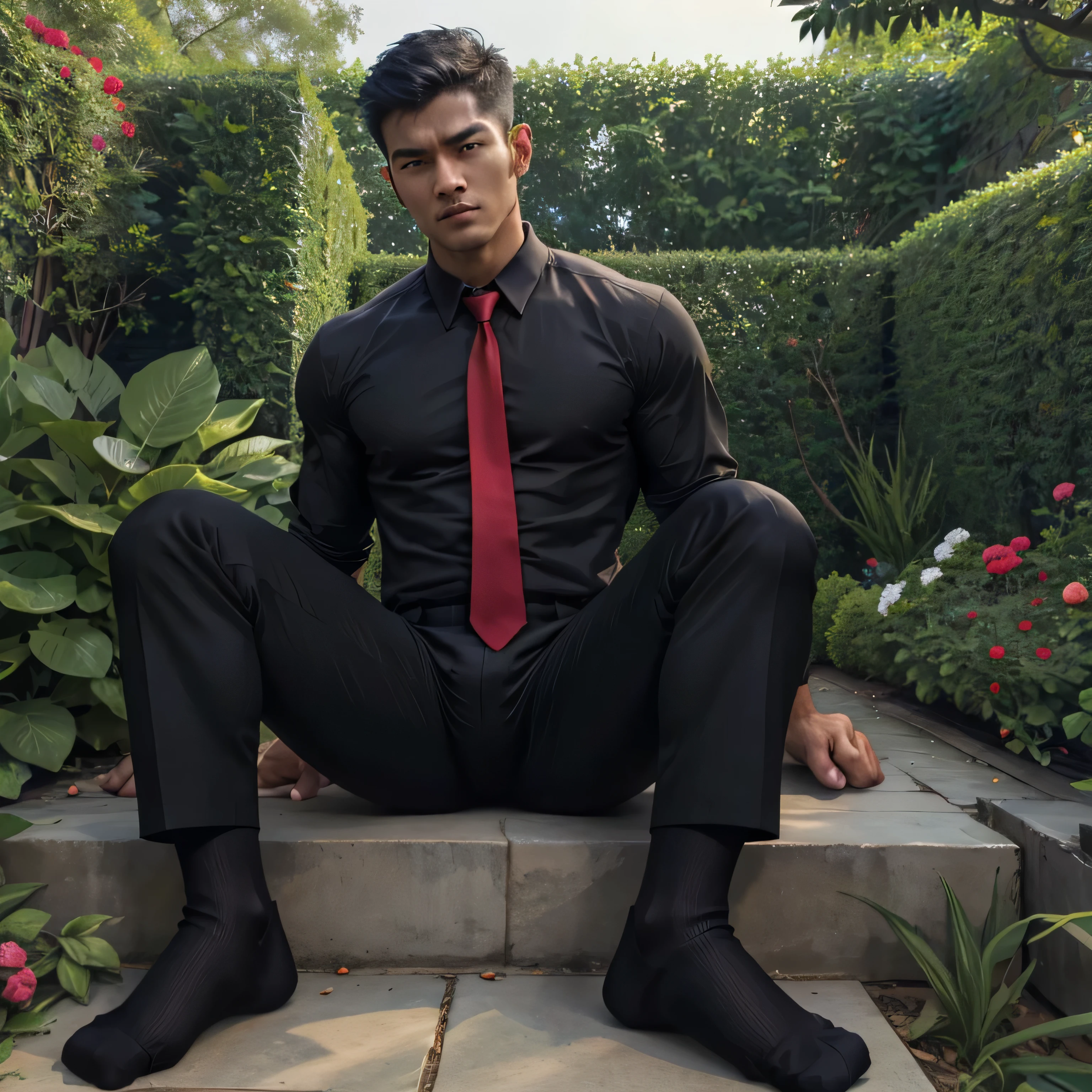 3,One Man,、Handsome。Black Shirt、Red tie、Black slim pants、Dhaka - Fighters、garden。The shade on the lawn、logic,Gay ,Very short hair、 ,Asian Face,、 Handsome Menacing look Black socks Show the soles of your feet