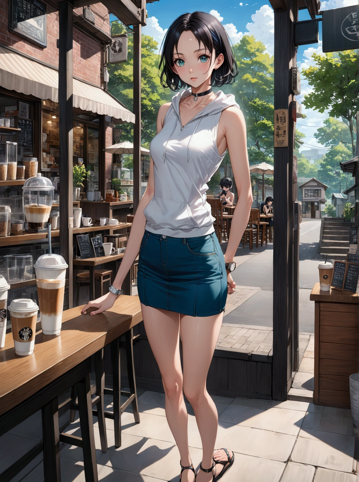 tmasterpiece,Best quality at best,highers,1girll,beauitful face,((best qualtiy)), ((tmasterpiece)), (A detailed:1.4),((full bodyesbian)),Enhanced dynamic perspective,(beautiful sexy girl,short detailed hair,Denim long skirt,Sitting in a street coffee shop,drinking a coffee),kawa,(Lunette de soleil),Come to me,Future sci-fi city street,Egg-shaped building,((Lateral face)),Street photography,Bright colors,nighttime scene,high qulity,super-fine,Detailed pubic hair,Accurate,Cinematic lighting,face_Focus,(Announcer),(NSFW)