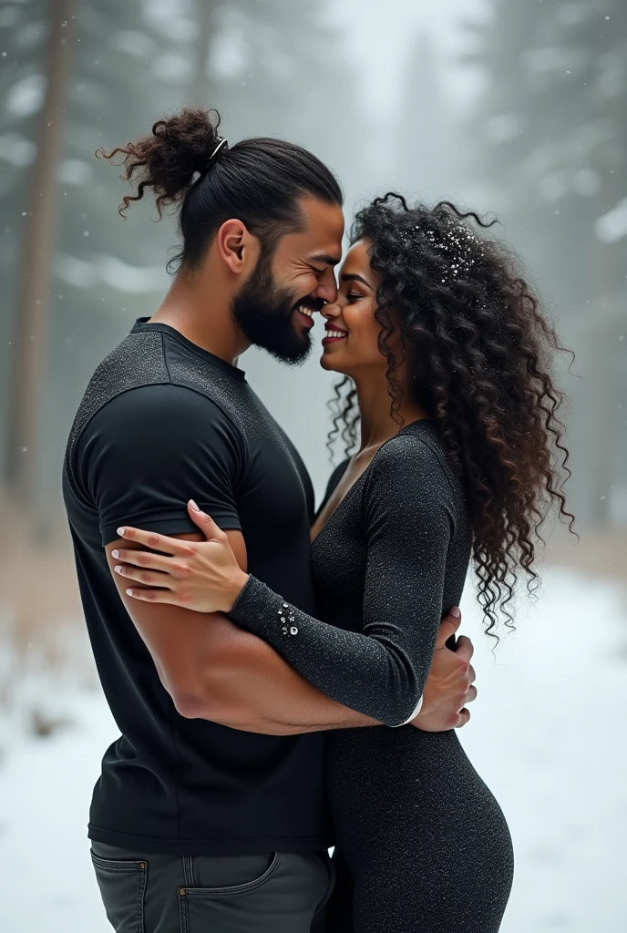A man of 1,80 cm, with light brown skin, lots of very long, curly black hair, beard a little big and well done, with small eyes, very large and strong arms and legs of a 100kg muscular athlete, strong chest and shoulders, wearing rock style clothes, black jersey, black coat and black pants in a snowy environment in the background and a happy and cheerful person's personality. This man hugs a woman with slightly darker skin and slightly smaller size 1,65 cm, with very curly and well-defined 3a style hair and a body reminiscent of a professional dancer, with a personality and expression that she loves the man very very much and that she is happy to be in his arms
