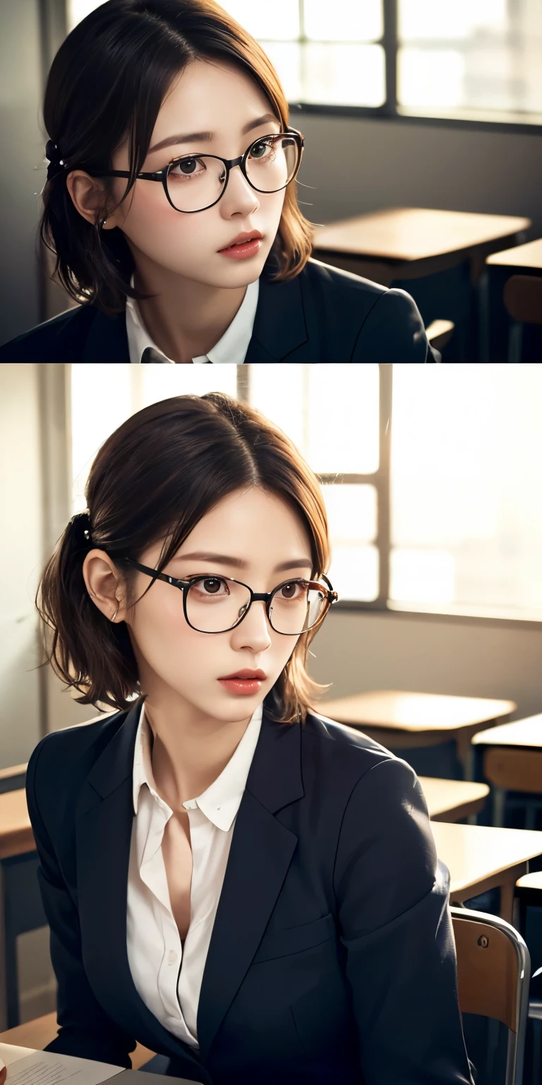Tabletop、(masterpiece:1.3), (8k, Photorealistic: 1.4, RAW Photos, Best image quality: 1.4), Japanese Idols、Super detailed face、Attention to detail、Genuine、 double eyelid、Big and attractive eyes,Perfectly beautiful eyes、 Sharp focus:1.2、Beautiful woman:1.5、 Light brown hair、 Highest quality、masterpiece、Ultra-high resolution、Depth of written boundary、Perfect Shadow、(Photorealistic:1.4)、 Highly detailed and professional lighting、 Perfectly shaped、Symmetrical face、beautiful girl,Sharp focus, Perfect Anatomy,Realistic Light、business suit、skirt、classroom、Large black-rimmed glasses、realistic glasses、Hair pulled up and tied up、