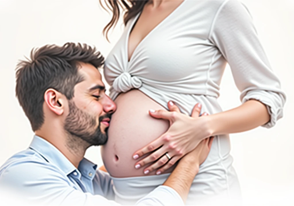 [Primo piano della faccia di un papà e la pancia della mamma]. [Close-up of the face of a dad kissing mom's belly]. Un futuro papà bacia amorevolmente la pancia della moglie in cinta. [(Suspended in the air between scene and the viewer, a translucent, almost ghostly black message reads exactly: "LOVE". The text appears as if it's floating, blurred at the edges, with the letters formed from a faint mist or white smoke that lingers in the space. The smoky words are readable, though not overly bright, hovering just in front of his gaze, creating a surreal yet powerful effect. Text exactly says: "LOVE". They seem to be written in chalk. The text says: "LOVE". semi-transparent text that reads 'LOVE' in a dramatic, bold font. The text almost acts as a title, floating in the air, partially obscuring the scene but enhancing the overall tension and urgency of the moment)]