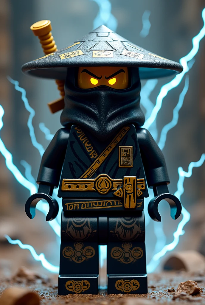Créer moi un lego ninja go avec 4 bras en or le premier maitre du spijisufuturiste de la dernière puissance dimensionaire et doit être en lego un ninja avec un chapeau de paille pointu en noir sur la tête avec un casque de oni de couleur or profond et doit avoir un bandeau autour de la bouche en or et avec une peau sombre ???? et il faut des traces d’électricité jaune et bleu foncé dans le visage et un regard terrible de noirceur avec des yeux ridé en argent fonce profond brillant avec une puissance incroyable avec comme puissance élémentaire l’électrique, l’énergie, la terre, le feu, la glace. Les habits du ninja doit être tout noir avec des traces grise anthracite, bleu foncé et golden suprême et fer anthracite avec des reure en forme d’électricité bleu clair et jaune brillant et des écritures japonaises et le parchemin antique sacré le plus puissant en golden. Un ninja imbattable monstrueux beaucoup trop puissant qui contrôle tous les pouvoirs élémentaires. Le ninjadoit être destructeur et soif de victoire un gentil et mechant avec un sabre dans le dos