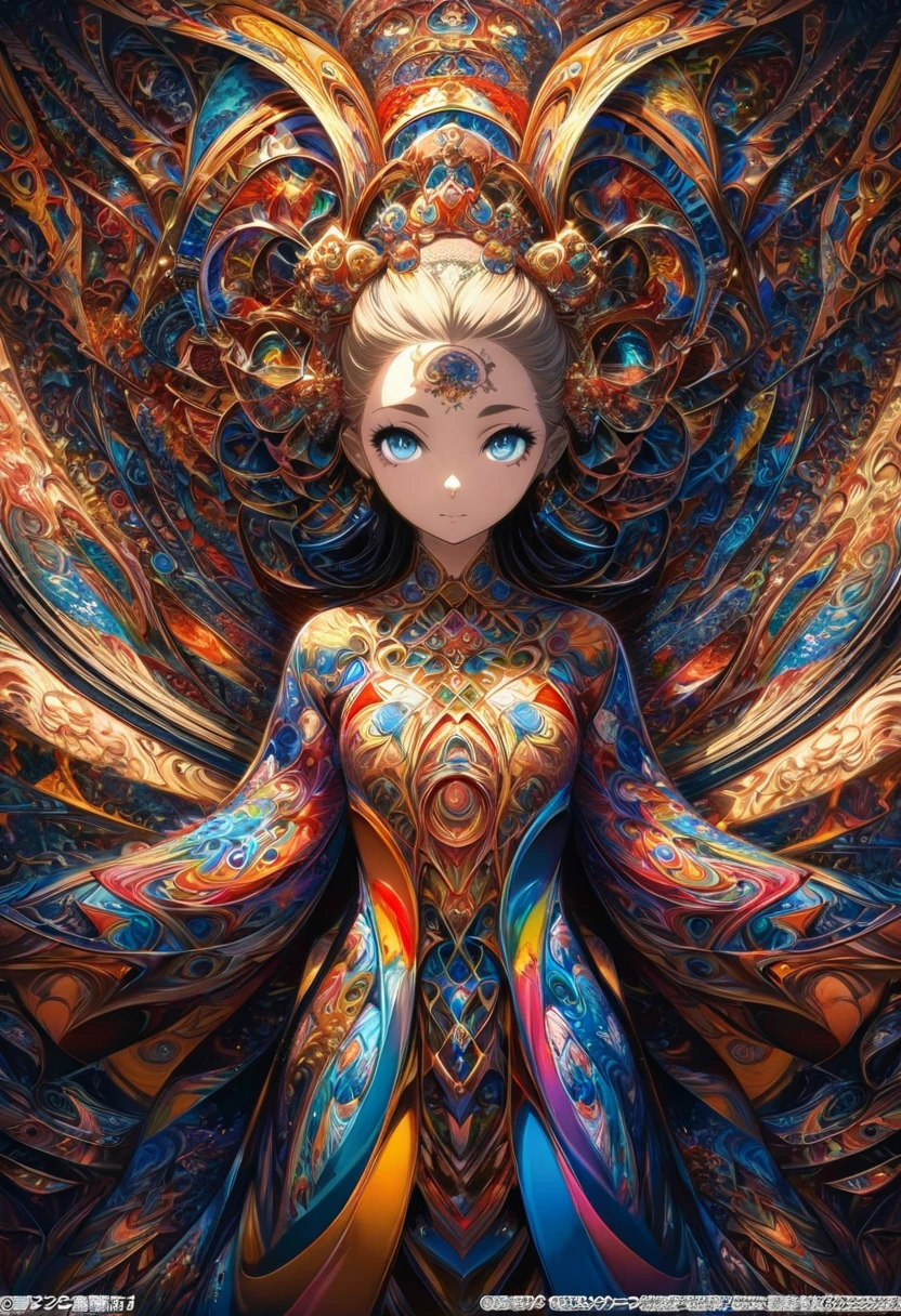 Ink painting, (((1 girl )), (((Tattoo in the middle of the forehead))), (((Oiran))), (((Great hair accessories))), Demon possession, , (((Masterpiece、Top quality للصورة、Highest quality、وحدة Very detailed 8kWall paper))), ((And covered with jewelry, an illustration of a single girl、All body covered))、(((beautiful girl))), (Masterpiece, Top quality, Best quality, Official art, Beautiful and aesthetic:1.2), A girl stood alone in front of an amazing work of art., Her eyes are wide with admiration., (Very detailed), Face up close, (Fractal art:1.3), All body covered بدقة, The intricate patterns and colors of the Fractal artwork surrounded her, Every line and curve is carefully designed..Colorful spirals and geometric shapes blend seamlessly., Resulting in the creation of a stunning piece that captured the essence of abstract beauty.. (Top detailed), Every little detail is meticulously drawn., She invited viewers to explore the depths of art and lose themselves in its complexities..