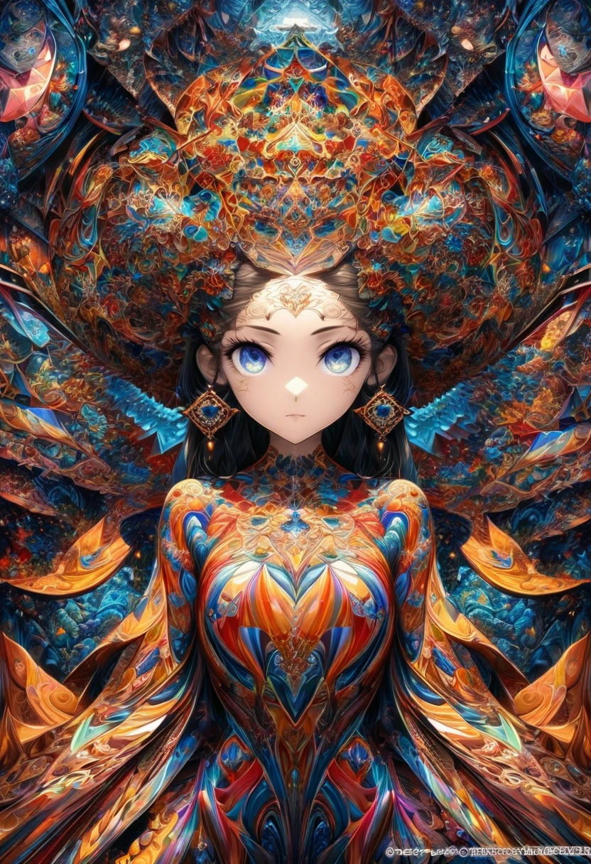 Ink painting, (((1 girl )), (((Tattoo in the middle of the forehead))), (((Oiran))), (((Great hair accessories))), Demon possession, , (((Masterpiece、Top quality للصورة、Highest quality、وحدة Very detailed 8kWall paper))), ((And covered with jewelry, an illustration of a single girl、All body covered))、(((beautiful girl))), (Masterpiece, Top quality, Best quality, Official art, Beautiful and aesthetic:1.2), A girl stood alone in front of an amazing work of art., Her eyes are wide with admiration., (Very detailed), Face up close, (Fractal art:1.3), All body covered بدقة, The intricate patterns and colors of the Fractal artwork surrounded her, Every line and curve is carefully designed..Colorful spirals and geometric shapes blend seamlessly., Resulting in the creation of a stunning piece that captured the essence of abstract beauty.. (Top detailed), Every little detail is meticulously drawn., She invited viewers to explore the depths of art and lose themselves in its complexities..