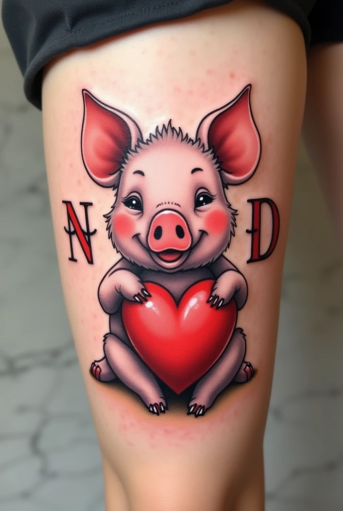 an image, of a tattoo where I have a cute pig, where I have a heart held in my hands, Now on one side of the heart you have the N and on the other the D.