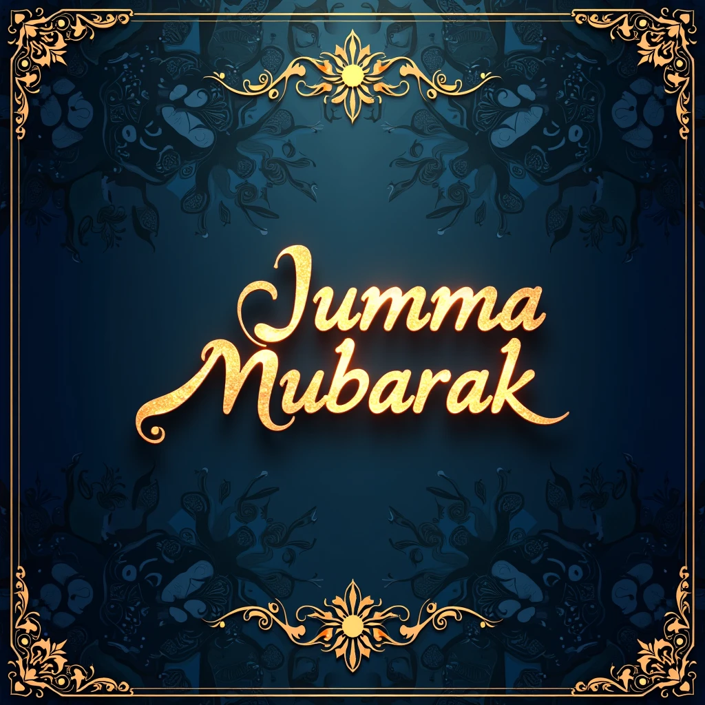 Design a breathtaking ultra-HD Jumma Mubarak post in 4K or 8K resolution. The post should feature the following elements:
Background: A rich, vibrant background with a blend of deep blues and golds, reminiscent of a beautiful night sky or elegant Islamic patterns.
Central Text: The message "Jumma Mubarak" should be prominently displayed in an elegant, high-quality Arabic calligraphy font. Use gold or white for the text to make it stand out against the background.
Decorative Elements: Incorporate subtle Islamic geometric patterns, crescent moons, or stars in the background to enhance the design. Ensure these elements are tastefully done and do not overshadow the central message.
Borders and Frames: Use ornate, detailed borders or frames that add a touch of luxury to the post. These should be delicate and complement the overall color scheme.
Lighting and Effects: Apply a soft glow effect to the text to make it appear illuminated. Use high-definition lighting effects to give a 3D feel to the design, making it visually striking.
Resolution and Quality: Ensure the final design is ultra-HD with either 4K or 8K resolution. The post should be crisp and clear, with vibrant colors and detailed textures.
Additional Touches: Optionally, you can add a subtle animation effect, such as a gentle shimmer or sparkle, to make the post even more captivating.