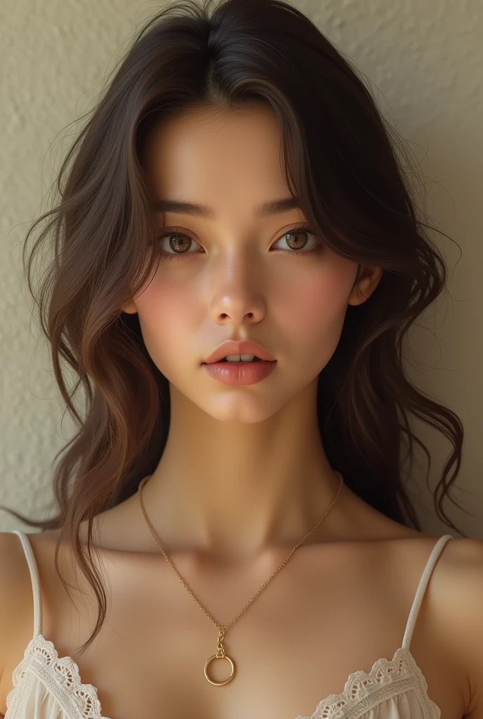 Create a woman of approximately masters, light brown teas, wide nose, high, round face, Brown eyes, cheeks a little big, and long wavy hair, small mouth,