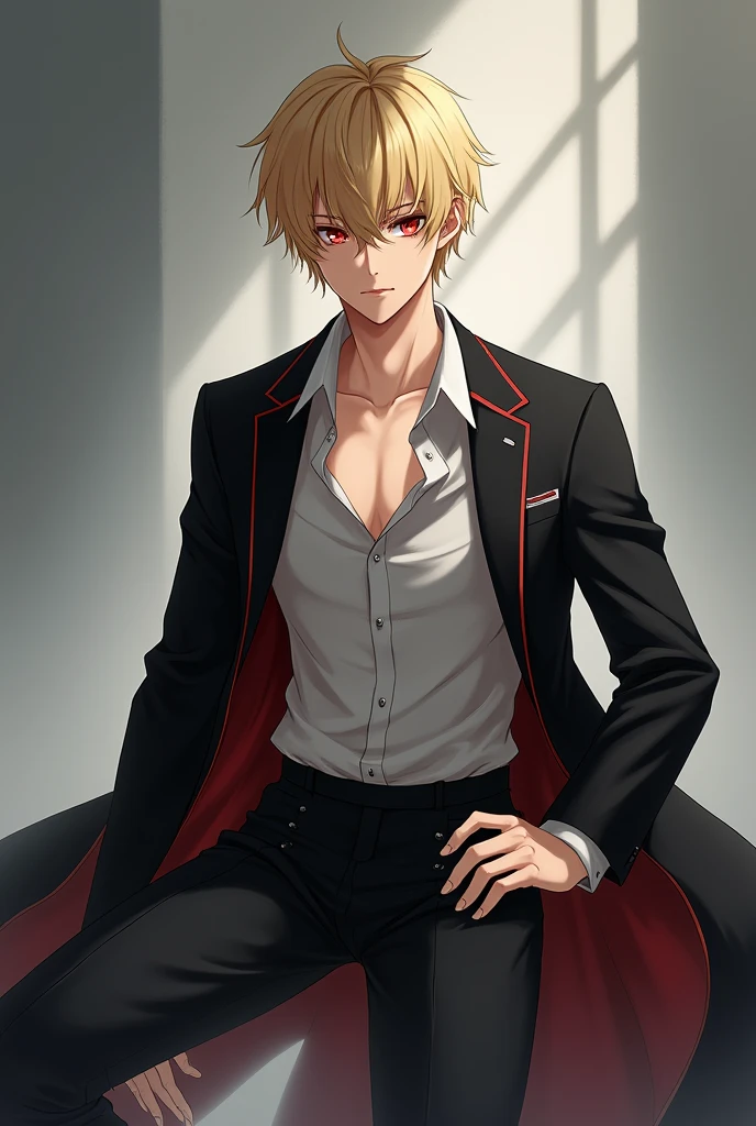 (work of art:1.2, highest quallity), 1 man alone, schoolar uniform,blond, hypdertailed, Eyes red,Open chest,nice legs