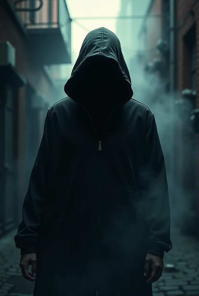 boy with a hood, but you can&#39;t see his scary face in a dark alley with a little smoke. Let it be a book cover with the title Entre Líneas and put a scary type of text that matches the cover that doesn&#39;t say Entre Líneas but Entre Líneas and please make sure the person is an adult.