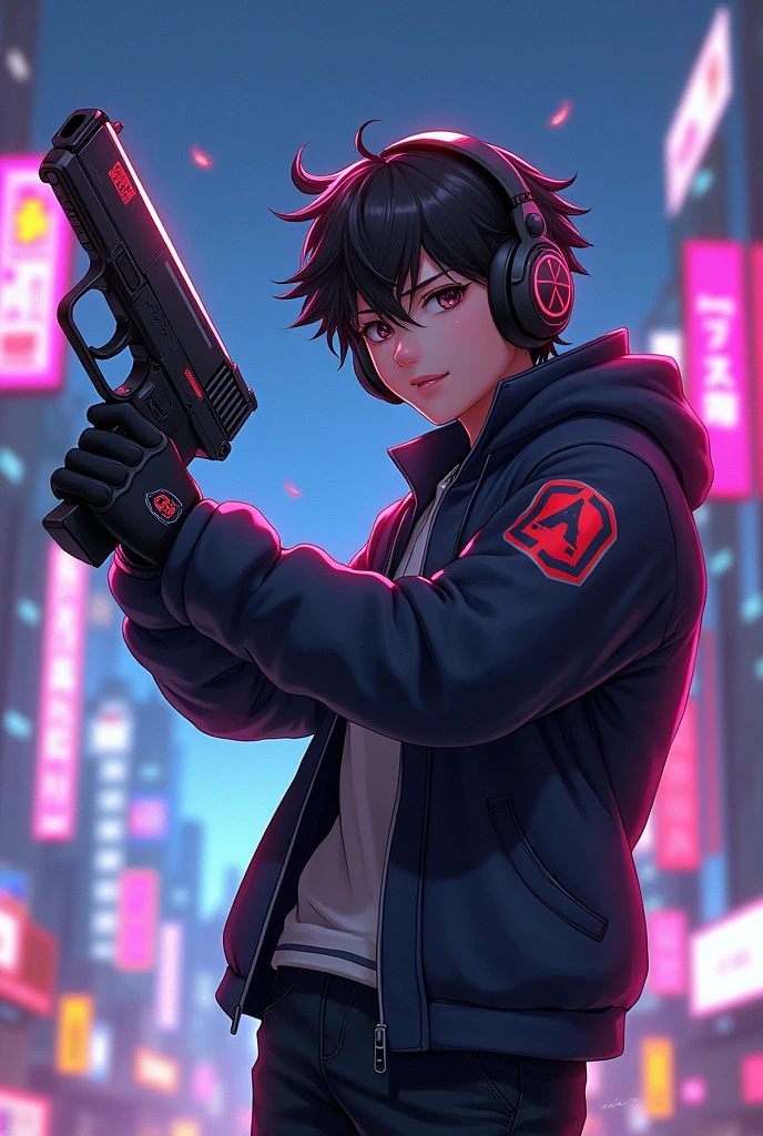 Anime gamer boy with Gun logo