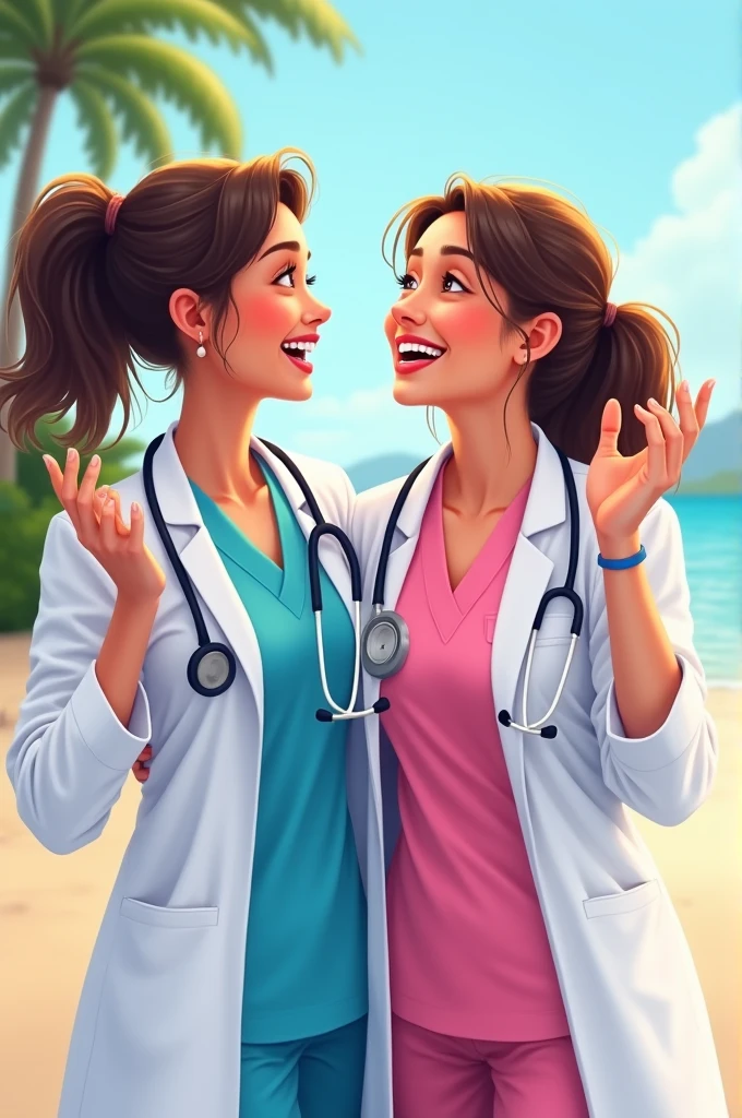 I want you to create an image in which two friends wearing white Dr coats and scrubs of sky blue and pink color holding stethoscope up in the air and laughing at each other in an vacation