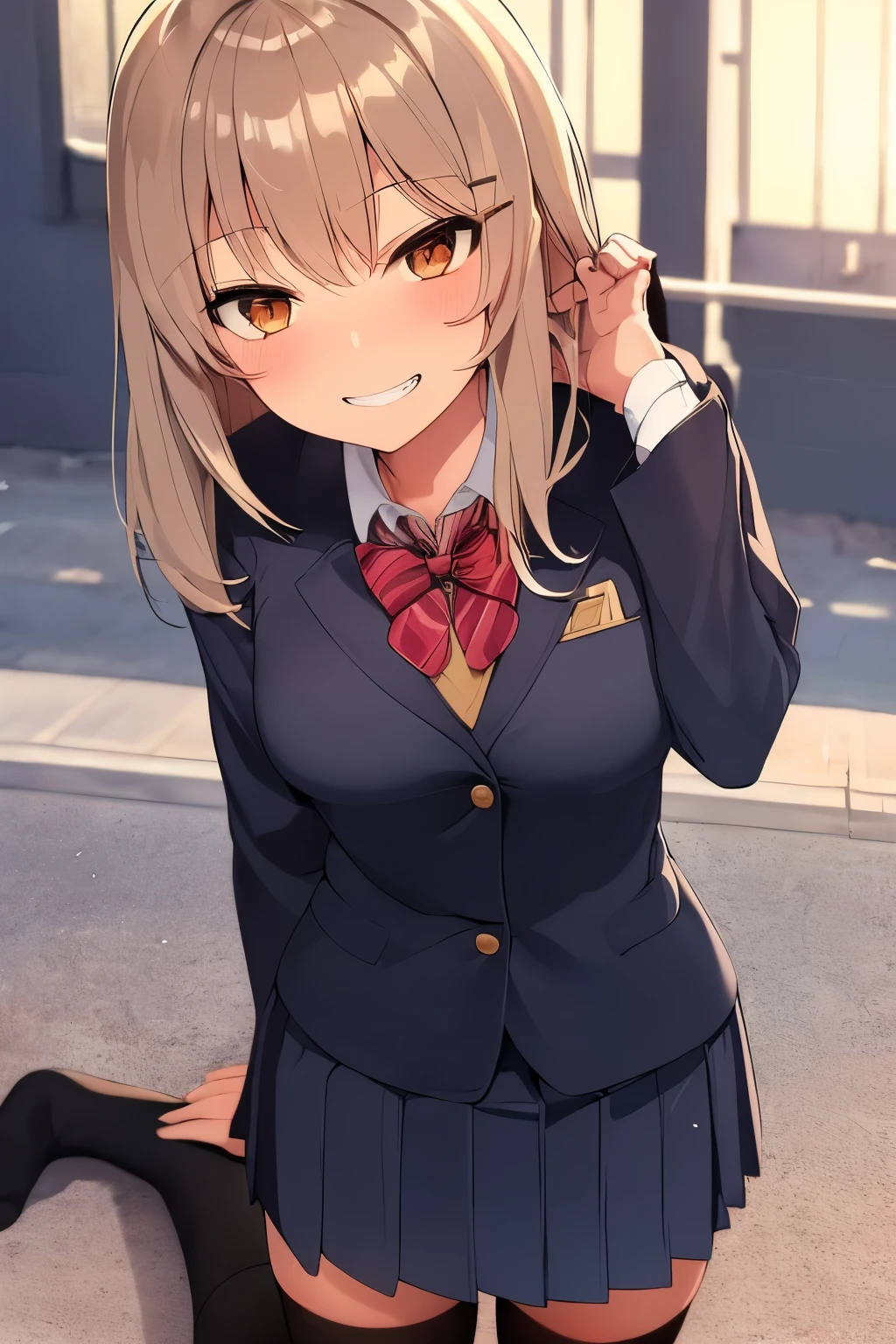 2d, Superb, (Masterpiece), (Full length),(One female:1.6),(Shiny bronze hair:1.6), (Straight medium hair:1.6),Round face ,(school uniform, brown blazer:1.3，Black knee-high socks:1.3，Ronfar:1.3), JK,Slender figure ,Glossy legs,Star-shaped hair ornament,smile, evil grin,after school，On the way home，evening，dusk
