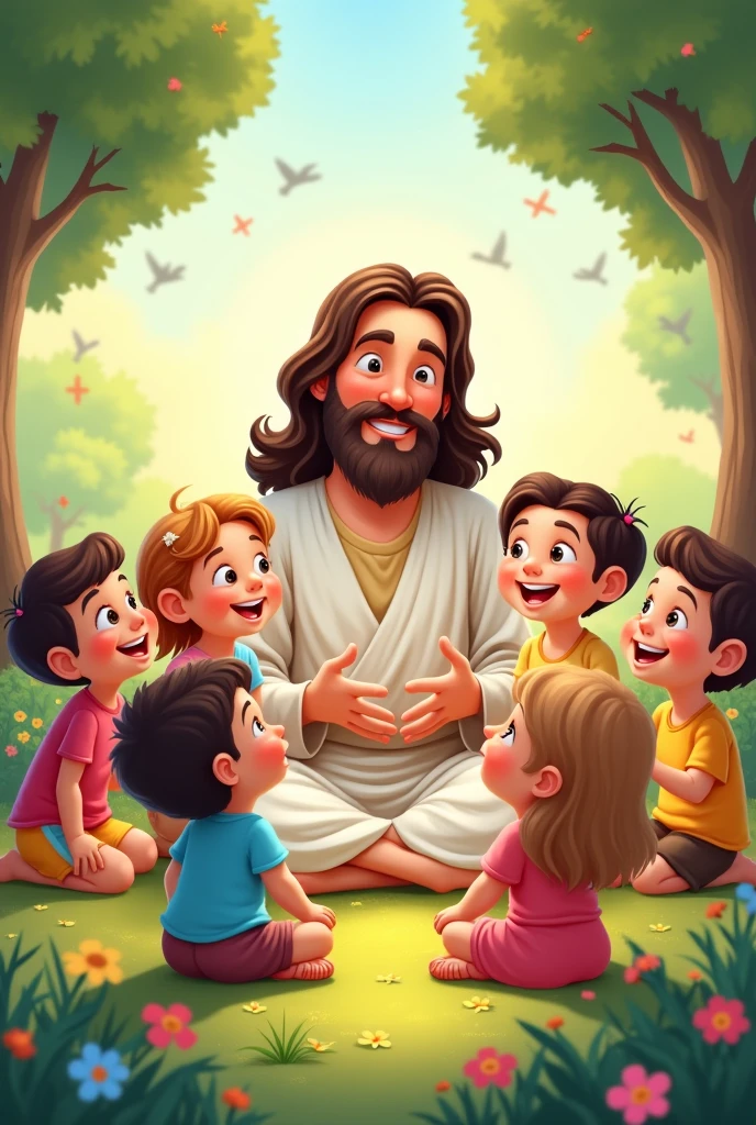 6 cartoon children gathered with Jesus