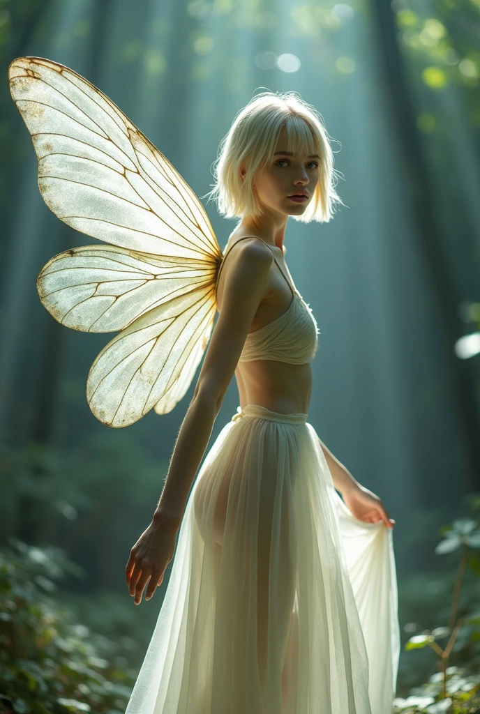 An editorial-quality, super-detailed photograph of a stunning, adult fairy, captured in an ethereal, full-body pose. The scene is bathed in soft, otherworldly light that falls from the sky, creating a dreamy, almost surreal atmosphere. The fairy is completely nude, her fine white skin glowing with a delicate radiance that accentuates her beauty.
Her appearance is enhanced by super short, straight hair that frames her face, emphasizing her large, expressive eyes and soft cheeks. Her open lips convey a sense of gentle allure. She has magnificent swallowtail dragonfly wings, shimmering with iridescent colors, adding to her enchanting fairy vibes.
The background is super detailed and realistic, with a depth of field that creates a soft focus tone, enhancing the fairy’s delicate features and the intricate textures of her wings. The double exposure technique adds a layer of visual depth, blending the fairy seamlessly into the narrative scene. Captured from directly below, the angle highlights her graceful form and the elegance of her wings, while the light cascading around her enhances the overall sense of magical beauty.
This fine artwork presents a narrative scene with exquisite attention to detail, showcasing the fairy’s beauty and otherworldly charm in a striking, hyper-realistic manner.