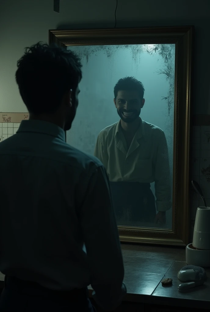 In the mirror of the restaurant's kitchen at night, the creepy atmosphere shows the shadow of a person with a cynical smile behind the mirror