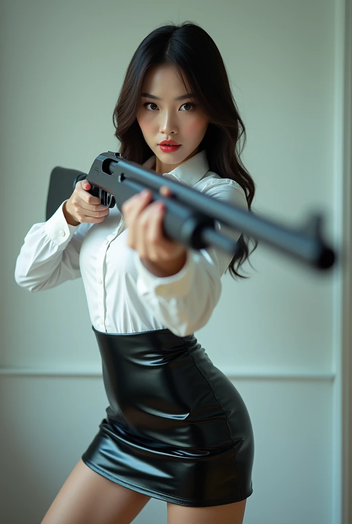 beautiful sweet big eyes office lady korean white shirt latex low mini skirt standing legs spreading full portrait shotgun point at you front facing with shotgun