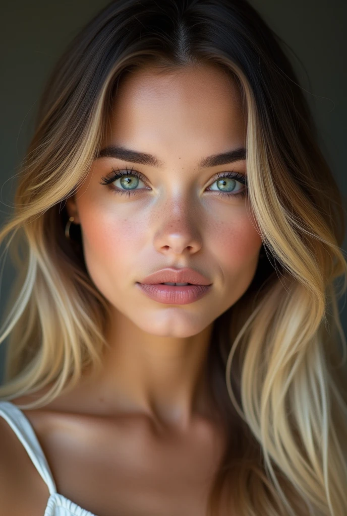 jeune fille/18 ans/séduisante/cheveux racines brunes et longueur blonde/yeux de biche/levre pulpeuse/maquillage naturel/origine espagnole/brésilienne/cheveux souples et lisses/Grands cils/yeux bleu claire/nez fin et un peu pointu/regard de fille mignonne/petit front/mâchoire légèrement dessinée/petite oreille/sourcils fournis mais pas trop/pommettes saillantes/un mélange de Valentina Zenere de Natalie Portman d'Adriana Lima de Lea Halton et Megan Fox/ressenti d'âge