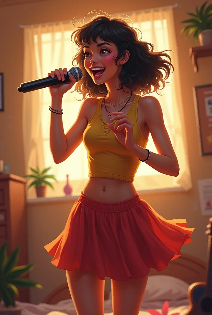 A cutely dressed woman is standing in the bedroom singing with a microphone.