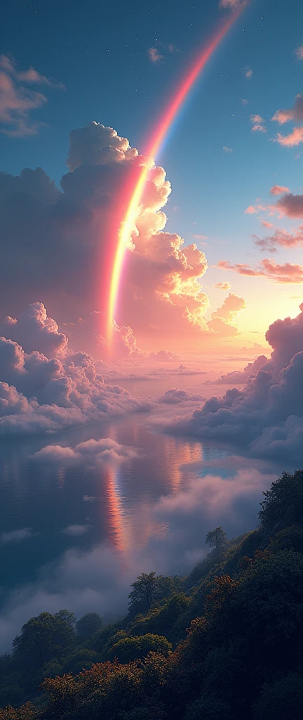 (masterpiece:1.2,Superior Quality,mirror-like,Cinematic Experience),8k,wallpaper,(Taken from space:2.0),stratosphere,(rainbow:2.0),beautiful photo,(dynamic:2.0)、16K, Ultra-high resolution, Ultra-high resolution, to be born,wonderful ,future、rainbow色の、The world 30 years from now