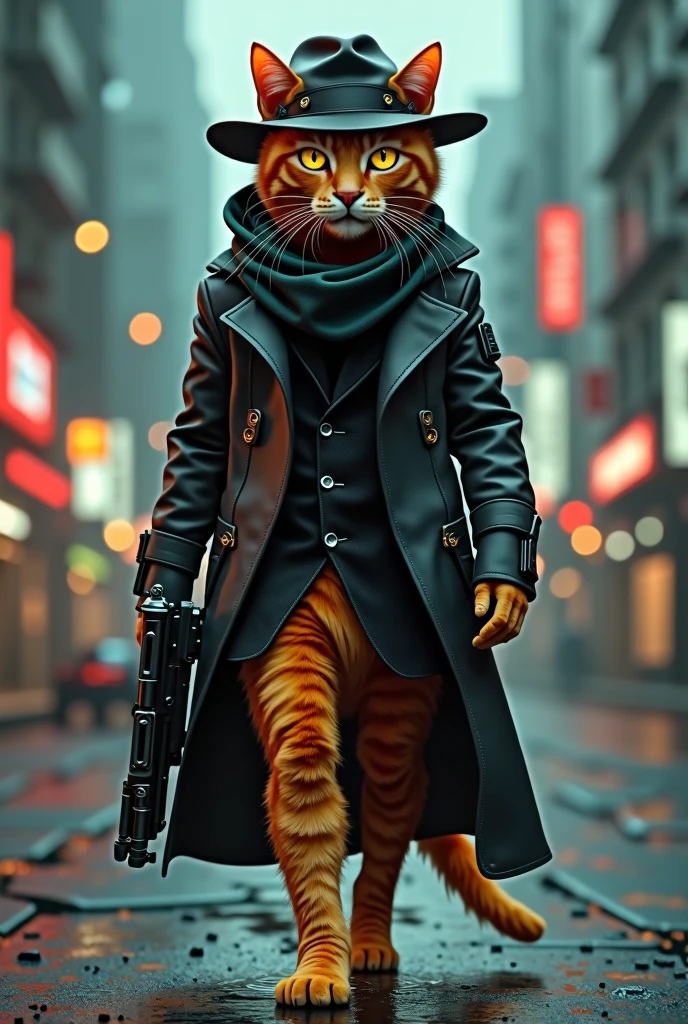 The orange cat from the future has a gun, Mafia hat, smoking, While walking in the city,