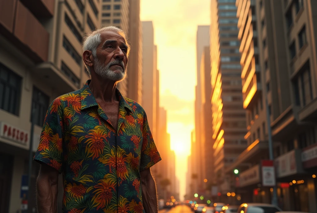 Realistic Urban Scenario: An elderly gentleman, wearing a Brazilian shirt, is standing on a busy street, with tall buildings in the background, maybe in a city like São Paulo or Rio de Janeiro. the lighting is dramatic, with sharp shadows and a golden sunset reflecting off the buildings.