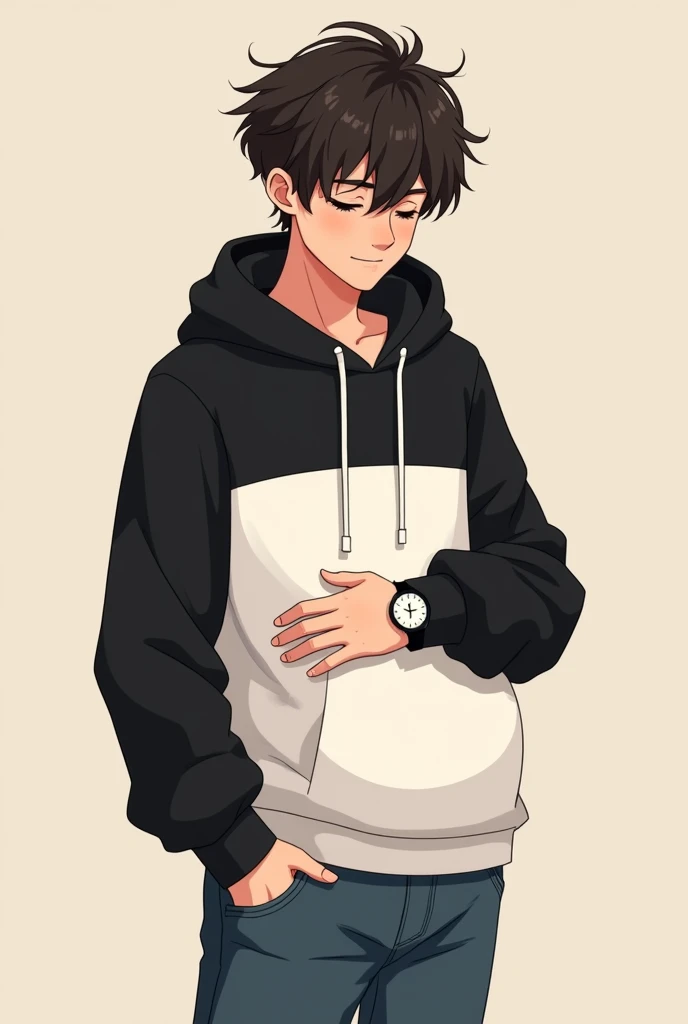 A Cute Handsome Boy 1 boy Wearing white and Black Hoodie and jeans and watch on hand and fluffy hair and 1 month faint baby bump In stomach and hand on stomach..Anime
