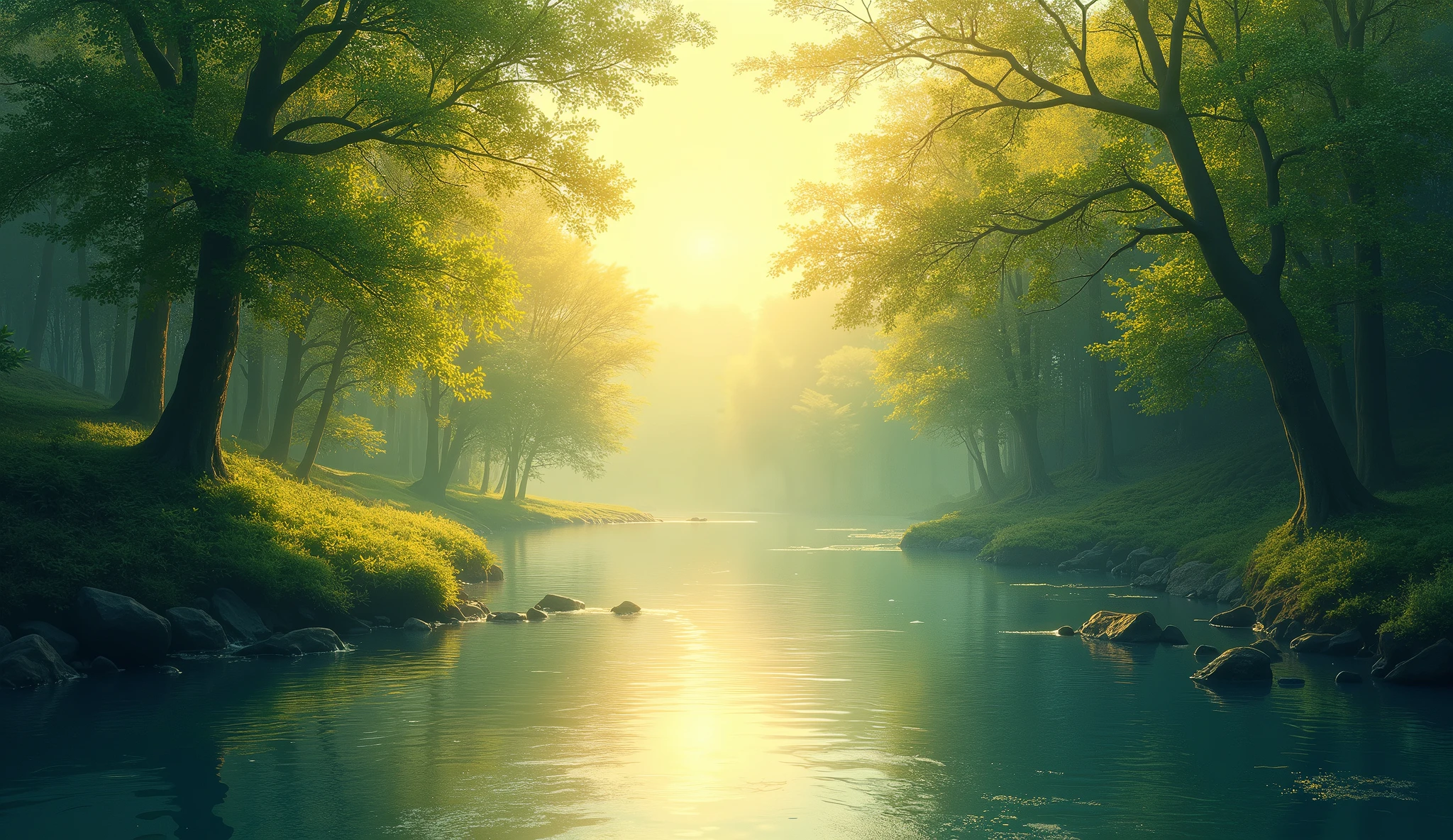 an artistic interpretation of Psalm 1:5, featuring a serene landscape with a river and lush trees, peaceful atmosphere, glowing light filtering through leaves, ethereal quality, digital painting, inspired by nature, high detail, soft colors, tranquil and reflective mood, masterpiece by a renowned spiritual artist, 4k resolution.