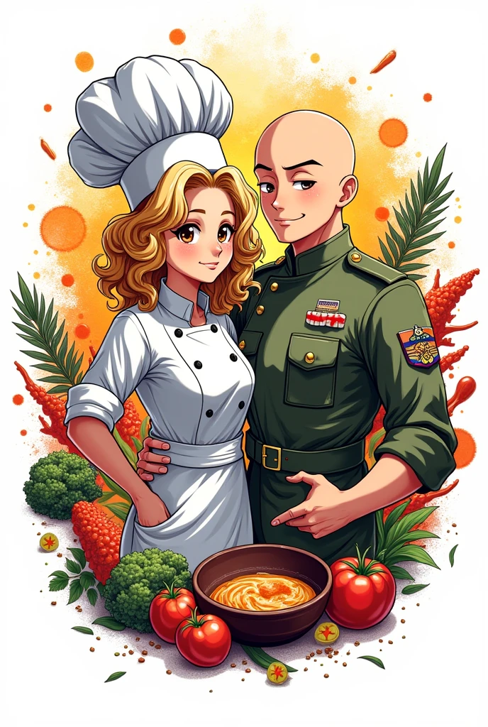 Create me an image that represents my restaurant, where the female chef with curly blonde hair and brown eyes is next to a DARK-SKIN man with no hair or beard who is a soldier and both surrounded by food, with a white background and that is animated like CREATIVE anime graffiti and it is for the logo of my restaurant that does not have letters 