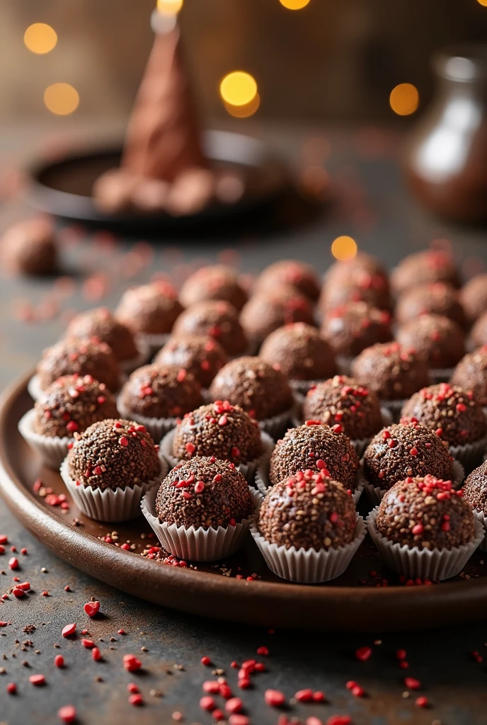 Create an image of 100 traditional Brazilian gourmet brigadeiros rolled in chocolate sprinkles, in their respective traditional white molds, with a birthday scene behind composing the brigadeiros. They should look like they were delivered to the end customer.