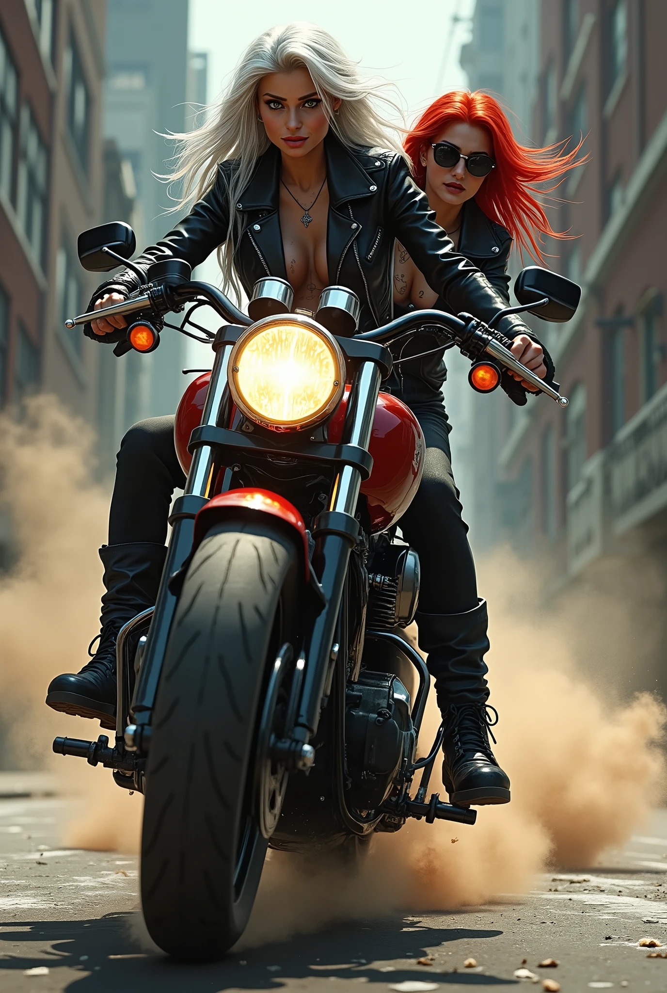 Hard Locker、Heavy Metal、Two bad girls、A tall, beautiful girl with long legs、Riding a big bike、Coming running、Hard braking、sand smoke、Leather jacket、Dark grey tight denim、Hard Leather Boots、Silver Hair、Red Hair、Armament、Dispute、Dark big city street、sunglasses、Tattoo