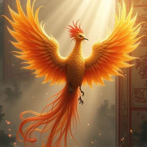 Mythical creatures，（（Golden Phoenix of Chinese Mythology）），Traditional Chinese Elements，Ancient murals，Examples of myths，The Legend of Fuyao，Spotted Light，Hazy haze，Mysterious Aura，masterpiece，khd，Colorful，Detailed explanation，Seven Colors