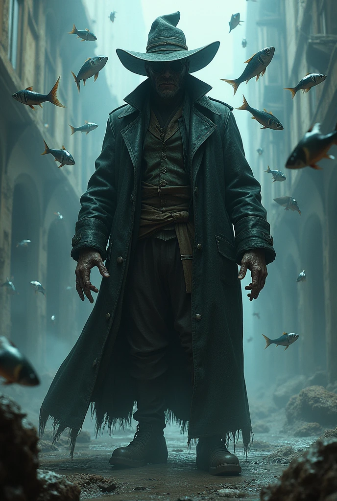 Draw a villain called the fisherman whose power is to throw fish