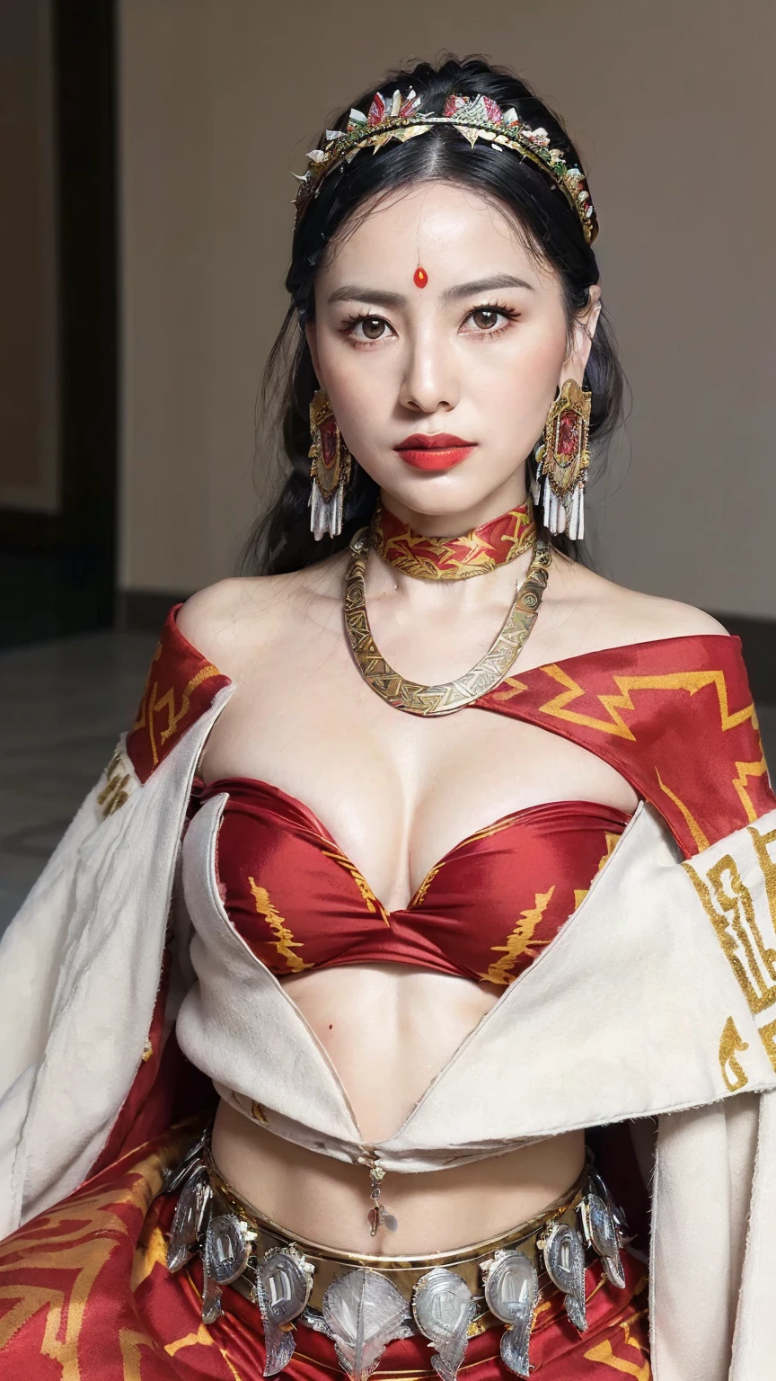 ((Realistic lighting, Masterpiece: 1.3)), (raw photo:1.2), Hyperrealist portrait gorgeous Beautiful tribal Chinese leader, mature woman, 40 years old, Milf, beautiful serious face, wrinkled face, beautiful detailed charming eyes, (pretty big breasts: 1.1), ((tribal red cape: 1.1), (tribal red mix gold strapless), (red tribal dress)), tribal loincloth, (tribal jewelry, tribal necklace, tribal diadem circlet), native American attire, tribal Palace background, legendary style, epic style, full body, (sit on throne: 1.2, tribal Palace background), professional photography, font view, very detailed faces, (garnet red lips, subtle makeup: 1.3), chignon hairstyle, full body, Best quality, 8K, colorful style