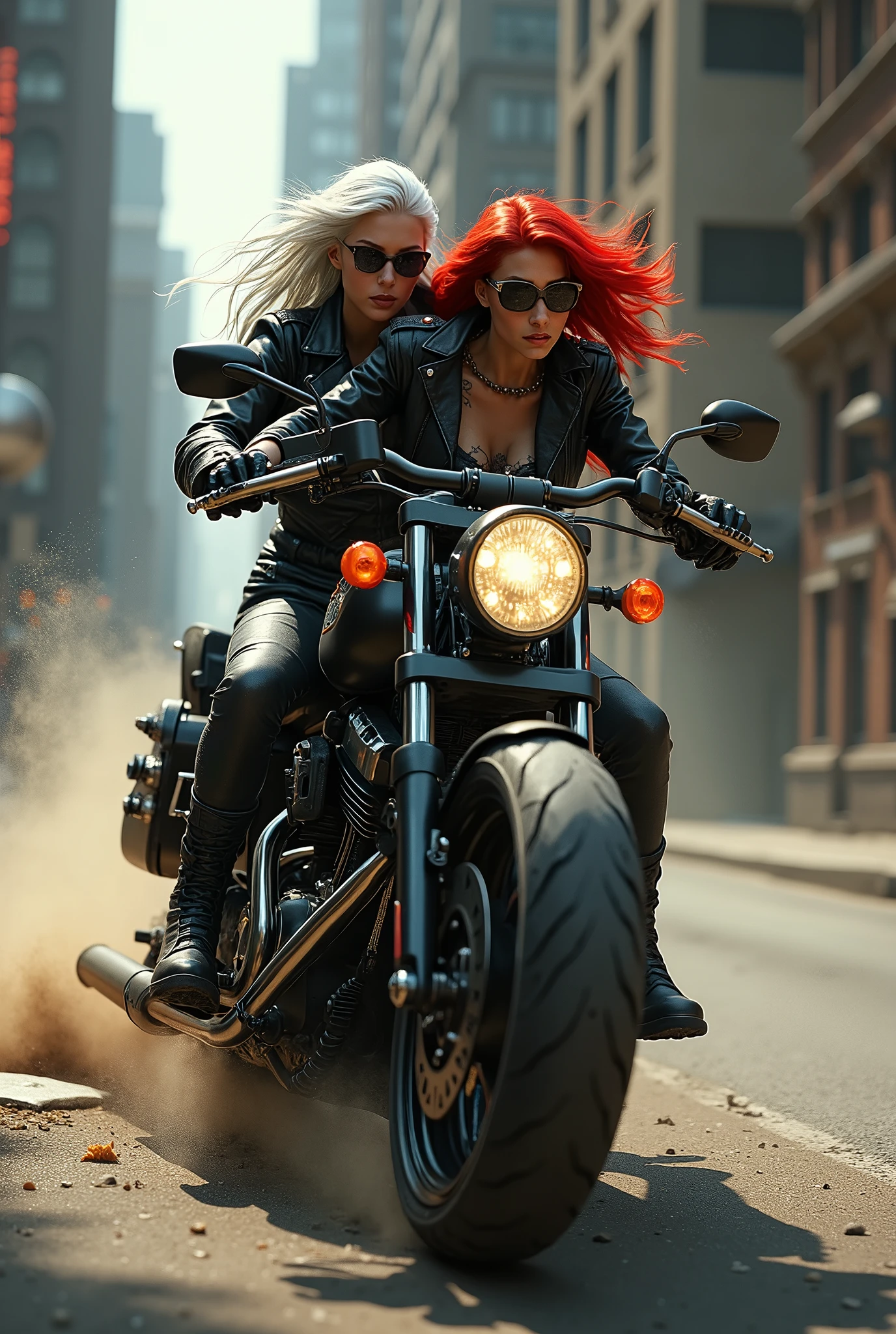 Hard Locker、Heavy Metal、Two bad girls、A tall, beautiful girl with long legs、Riding a big bike、Coming running、Hard braking、sand smoke、Leather jacket、Dark grey tight denim、Hard Leather Boots、Silver Hair、Red Hair、Armament、Dispute、Dark big city street、sunglasses、Tattoo