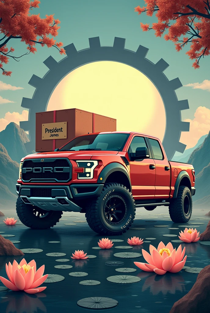 The poster of the pickup truck with the parcel delivery box has the words &quot;President James&quot; written on it. It should be cool, have lights, lotus flowers, and a cogwheel. Please make the name clear.