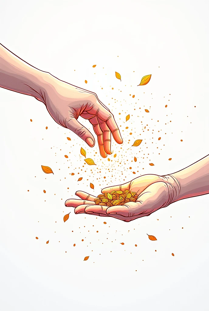 Magical seeds being distributed from hand to hand. drawing style, filled line art, 2d, white background.