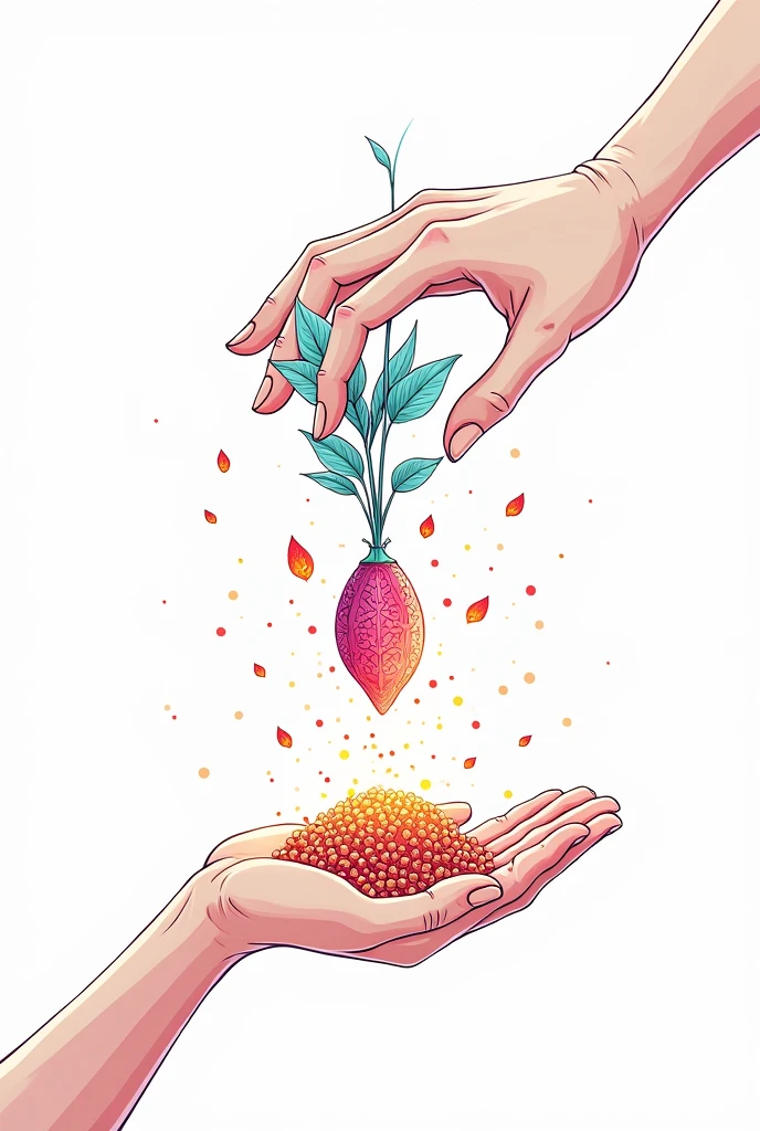Magical seeds being distributed from hand to hand. drawing style, filled line art, 2d, white background.