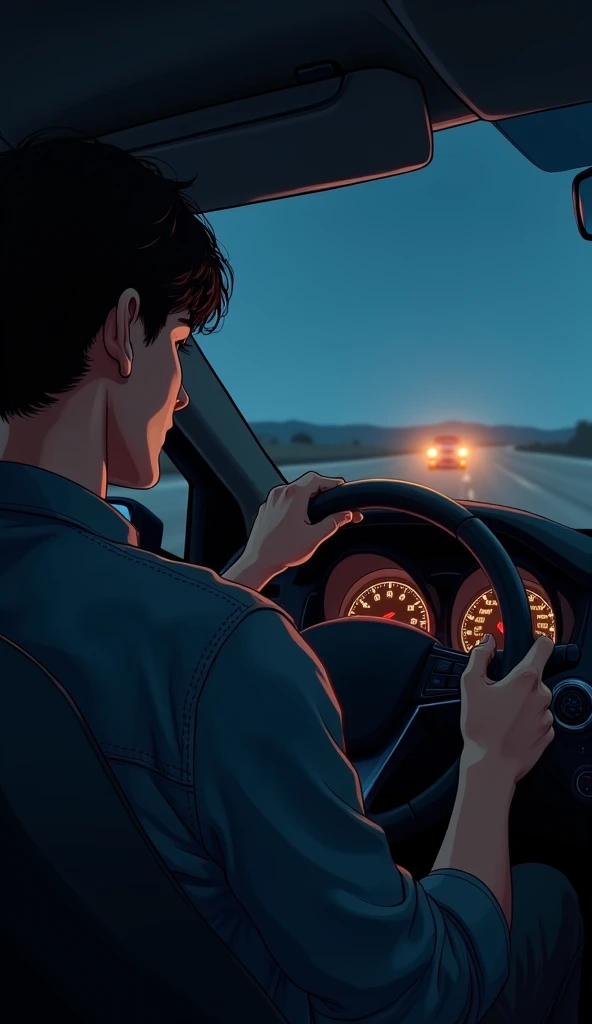 Young man holding the steering wheel and seeing the fuel gauge in the middle of the night In a deserted place holding his phone