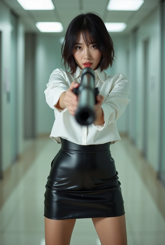 beautiful sweet big eyes office lady korean white shirt latex low mini skirt standing legs spreading full portrait shotgun point at you front facing with shotgun