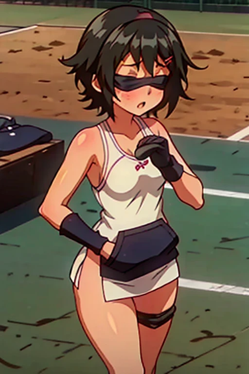 tennis girl in tight mini virgin killer sweater, panty, wearing oven mittens tucked in pockets, blindfold
