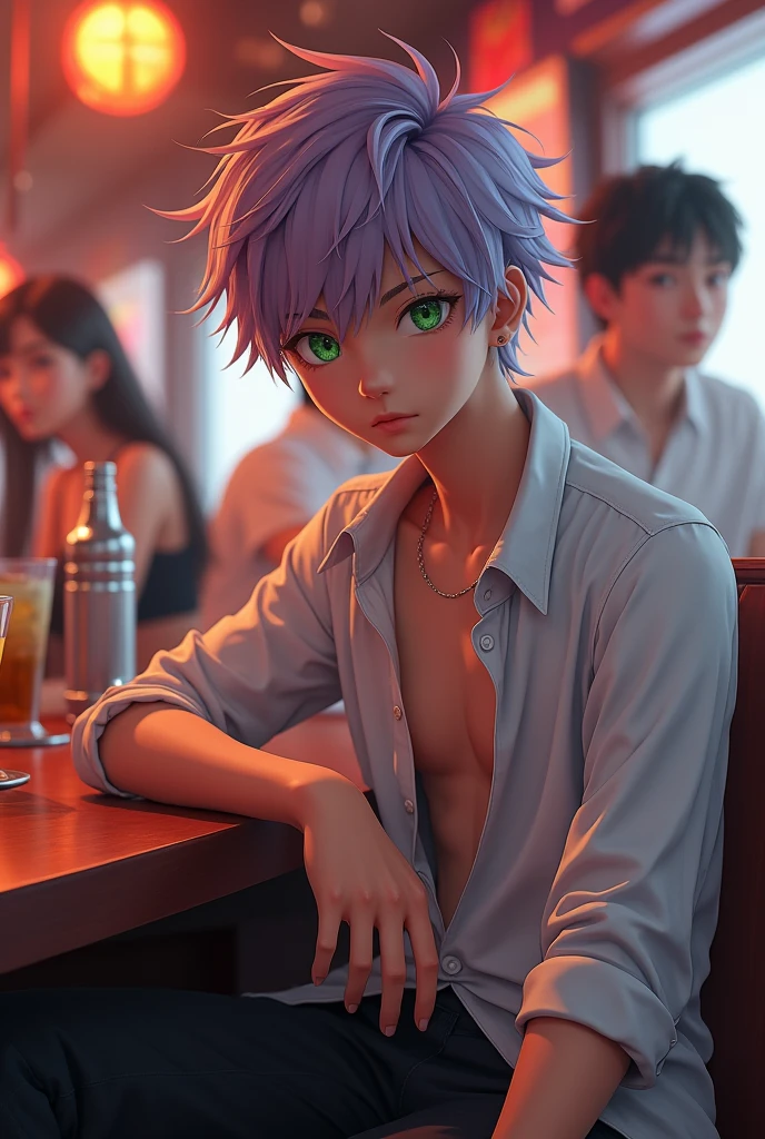 handsome japanese ager. Short, messy lilac hair. Bright green eyes. Sunburned skin. Wearing a white open-necked shirt and black pants. Long and thin. Sitting at a bar. Blonde, blue eyes, 3D Rendering, 